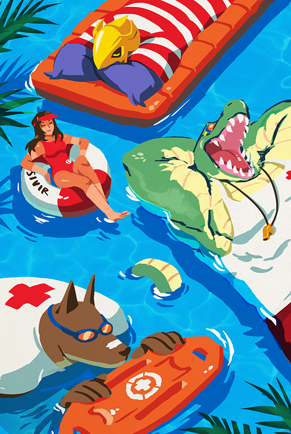 1girl 3boys arms_behind_head azir bikini bird_boy brothers closed_eyes crocodile_boy goggles gokotan hat jackal_boy league_of_legends male_swimwear multiple_boys muscular muscular_male nasus open_mouth orange-framed_eyewear red_bikini renekton resting sharp_teeth shirt siblings sivir swim_goggles swimming swimsuit tank_top teeth water white_shirt