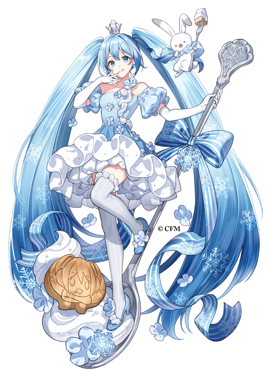 1girl blue_dress blue_footwear blue_hair closed_mouth detached_sleeves dress earrings elbow_gloves full_body gloves grey_thighhighs hatsune_miku high_heels highres jewelry long_hair looking_at_viewer nardack official_art oversized_spoon rabbit_yukine short_sleeves simple_background smile solo standing standing_on_one_leg thighhighs tongue tongue_out twintails very_long_hair vocaloid white_background white_gloves yuki_miku