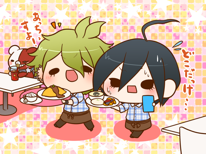 2boys ahoge alternate_costume amami_rantaro antenna_hair apron bear black_eyes black_footwear black_hair blue_shirt bow brown_apron brown_bow brown_pants buttons chair chibi collared_shirt commentary_request cup danganronpa_(series) danganronpa_v3:_killing_harmony drink drinking drinking_straw ear_piercing earrings eyelashes eyes_visible_through_hair flying_sweatdrops food glass green_hair grey_scarf grid_background holding holding_cup holding_plate ice ice_cube jewelry light_blush long_sleeves male_focus monotaro_(danganronpa) multiple_boys multiple_piercings nervous nervous_sweating notice_lines on_chair open_mouth pacifier pants piercing pink_background plaid_clothes plaid_shirt plate polka_dot polka_dot_background saihara_shuichi scarf shadow shirt shoes short_hair simple_background sitting sleeves_past_fingers sleeves_past_wrists smile solid_oval_eyes star_(symbol) star_symbol_background stud_earrings sweat table teacup translation_request uniform unmoving_pattern v-shaped_eyebrows waist_apron waist_bow waiter whipped_cream yumaru_(marumarumaru)