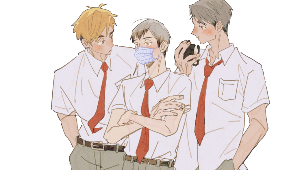 3boys belt belt_buckle black_belt black_hair blonde_hair breast_pocket brothers buckle chewing collared_shirt colored_tips crossed_arms day_(dfe7ff) eating fingernails food grey_eyes grey_hair haikyuu!! hand_in_pocket holding holding_food kita_shinsuke looking_ahead looking_at_another male_focus mask miya_atsumu miya_osamu mouth_mask multicolored_hair multiple_boys necktie onigiri open_collar parted_bangs pocket red_necktie shirt shirt_tucked_in short_hair short_sleeves siblings simple_background standing twins two-tone_hair white_background white_shirt wing_collar yellow_eyes