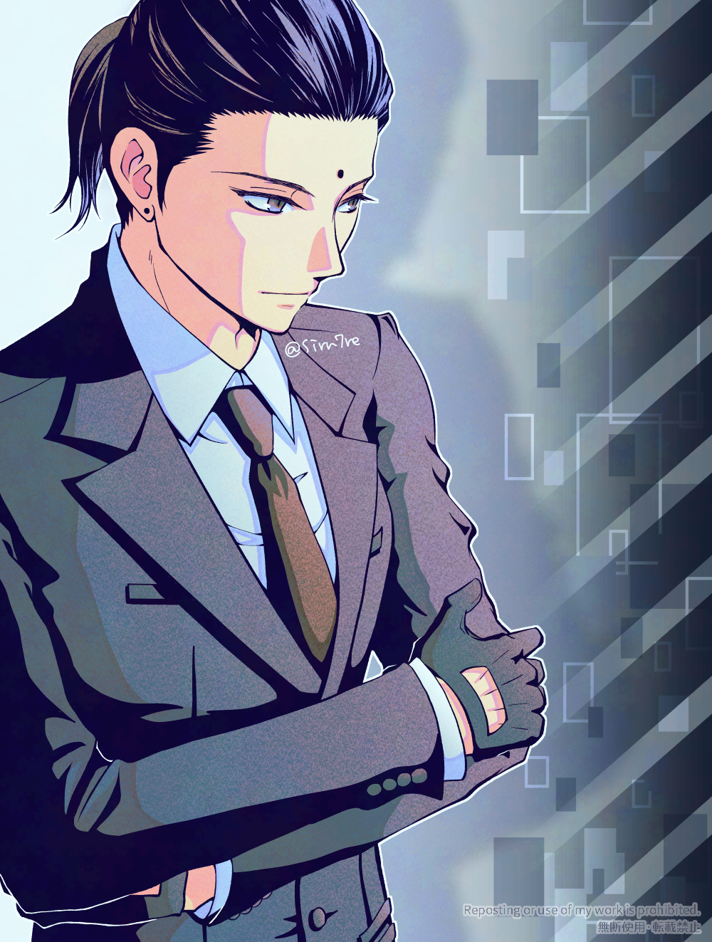 1boy black_gloves black_hair black_jacket black_necktie black_suit closed_mouth collared_shirt crisis_core_final_fantasy_vii crossed_arms earrings final_fantasy final_fantasy_vii formal_clothes gloves highres jacket jewelry male_focus necktie shirt solo stud_earrings sui_7r suit suit_jacket tseng twitter_username upper_body white_shirt