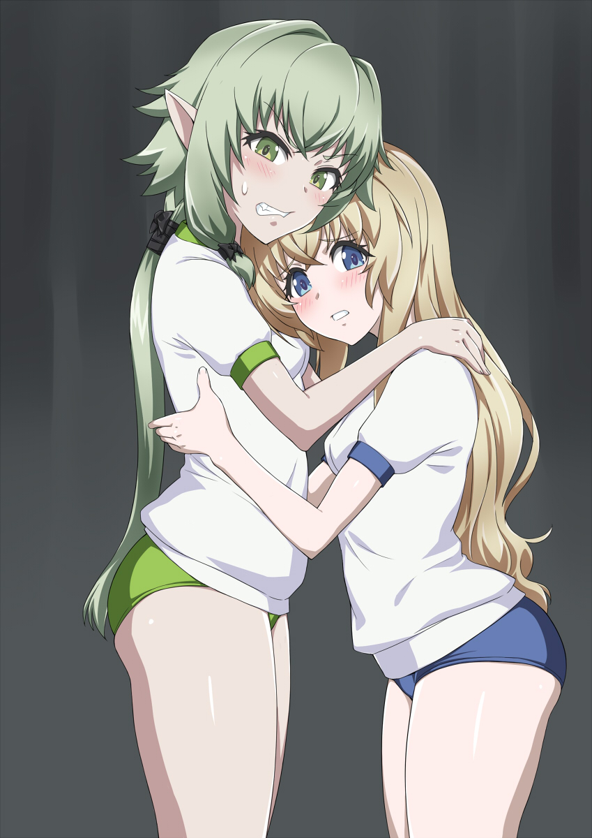 2girls blonde_hair blue_buruma blue_eyes blush breasts buruma elf eyebrows_hidden_by_hair from_side goblin_slayer! green_buruma green_eyes green_hair grey_background gym_uniform hair_tie hand_on_another&#039;s_shoulder hand_on_another&#039;s_waist high_elf_archer_(goblin_slayer!) highres long_hair looking_at_viewer multiple_girls open_mouth pointy_ears ponytail priestess_(goblin_slayer!) scared shichimenchou shirt simple_background small_breasts sweat teeth very_long_hair white_shirt