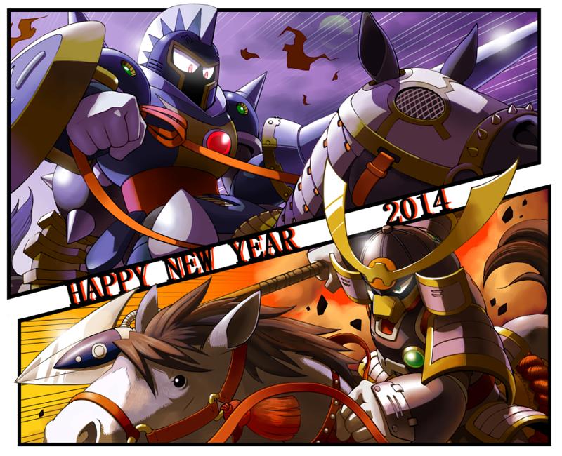 battle capcom helmet horse knight knight_man mask mega_man_(classic) mega_man_(series) mega_man_6 no_humans non-humanoid_robot robot robot_ears samurai shield spikes staff tail yamato_man