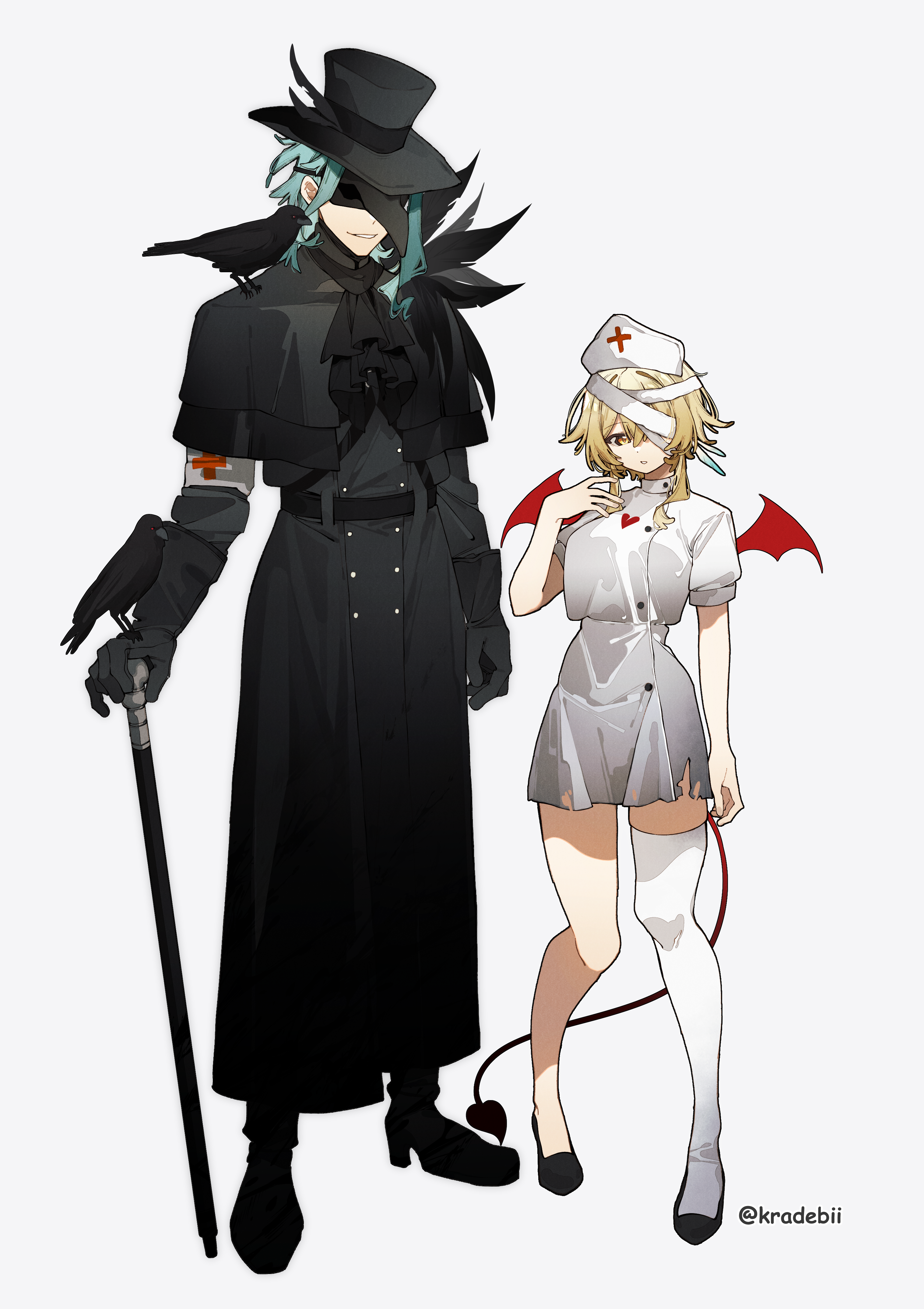 1boy 1girl absurdres alternate_costume animal animal_on_shoulder armband artist_name ascot bandage_over_one_eye bandaged_head bandages bird bird_mask bird_on_hand bird_on_shoulder black_ascot black_bird black_boots black_coat black_gloves black_hat black_shoes blonde_hair blue_hair boots breasts buttons cane coat commentary_request contrapposto covered_eyes cropped_shirt cross crow demon_tail demon_wings dot_nose dottore_(genshin_impact) double-breasted elbow_gloves eye_mask full_body genshin_impact gloves grey_background grey_skirt grin halloween_costume hat hat_feather heart heart_print height_difference high-waist_skirt high_heel_boots high_heels highres holding holding_cane kradebii legs_apart long_coat long_sleeves lumine_(genshin_impact) mask medium_breasts medium_hair mini_wings miniskirt nurse nurse_cap one_eye_covered parted_lips pigeon-toed plague_doctor red_cross red_wings shirt shirt_overhang shoes short_hair_with_long_locks short_sleeves simple_background single_bare_leg single_thighhigh skirt skirt_set smile standing tail thighhighs torn_clothes torn_skirt twitter_username white_armband white_shirt white_thighhighs wings yellow_eyes