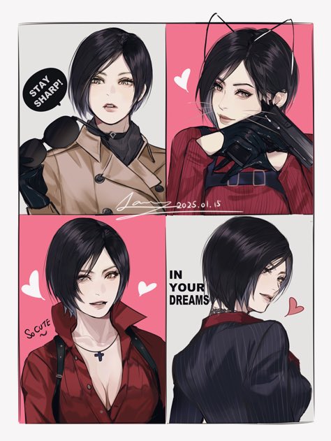 1girl ada_wong animal_ears black_gloves black_hair black_jacket breasts brown_coat cat_ears cleavage coat commentary_request cross cross_necklace dated english_text fake_animal_ears fake_whiskers from_behind gloves harness heart holding holding_removed_eyewear holster jacket jewelry lips long_sleeves looking_at_viewer medium_breasts meow_(cindy738) multiple_views necklace parted_lips popped_collar red_shirt red_sweater resident_evil resident_evil_2 resident_evil_2_(remake) resident_evil_4 resident_evil_4_(remake) shirt short_hair shoulder_holster sunglasses sweater unworn_eyewear upper_body