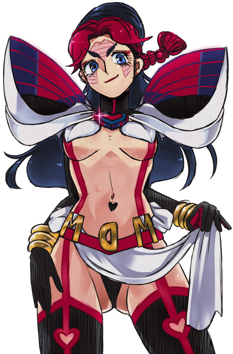 1girl black_hair blue_eyes braid braided_ponytail breasts facial_mark female_focus genderswap genderswap_(mtf) jojo_no_kimyou_na_bouken kamui_(kill_la_kill) kill_la_kill m516 medium_breasts multicolored_hair parody pelvic_curtain red_hair shueisha solo terence_t._d&#039;arby thighhighs trigger_(company) two-tone_hair underboob