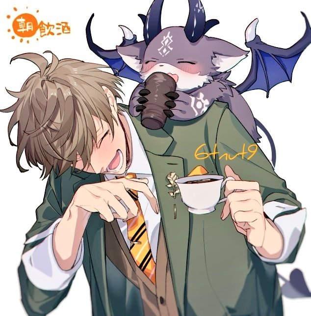 1boy 1other 6tnut9 :d antenna_hair artist_name black_horns blush brown_hair brown_vest buttons claws closed_eyes collared_shirt cup debidebi_debiru demon demon_horns demon_tail demon_wings diagonal-striped_clothes diagonal-striped_necktie green_jacket hair_between_eyes hands_up holding holding_cup horns jacket lapel_pin lapels laughing long_sleeves lower_teeth_only mole mole_under_eye necktie nijisanji oliver_evans oliver_evans_(1st_costume) open_clothes open_jacket open_mouth shirt short_hair simple_background smile striped_clothes striped_necktie swept_bangs tail tea teacup teeth tie_clip upper_body vest virtual_youtuber white_background white_shirt wings yellow_necktie yunomi