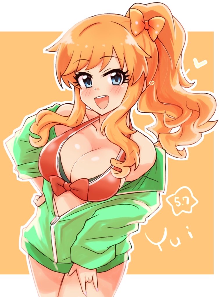 1girl bikini blonde_hair blue_eyes blush bow breasts cleavage collarbone green_jacket hair_bow idolmaster idolmaster_cinderella_girls jacket large_breasts long_hair looking_at_viewer ohtsuki_yui open_mouth orange_bow ponytail red_bikini smile solo swimsuit thighs tong_(freedom2000) track_jacket wavy_hair wavy_sidelocks