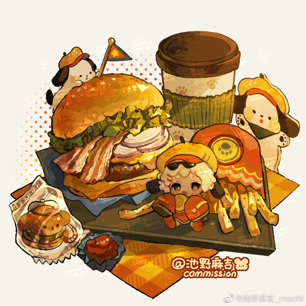 1girl animal_ears artist_name bacon burger character_charm charm_(object) cheese chibi chinese_commentary commentary_request commission cup disposable_coffee_cup disposable_cup dog_ears eating eyewear_on_head fast_food flag floppy_ears food food_charm french_fries grey_background hair_ornament hairclip halftone halftone_background happy hat holding holding_food ketchup lettuce long_sleeves machi_nailao_bao napkin newsboy_cap onion_slice original oversized_clothes parallel_hairclips pochacco red_shirt red_shoes sample_watermark sanrio shirt shoes short_hair sitting sleeves_past_fingers sleeves_past_wrists solo sunglasses tray watermark watermark_grid weibo_watermark white_hair yellow_hat