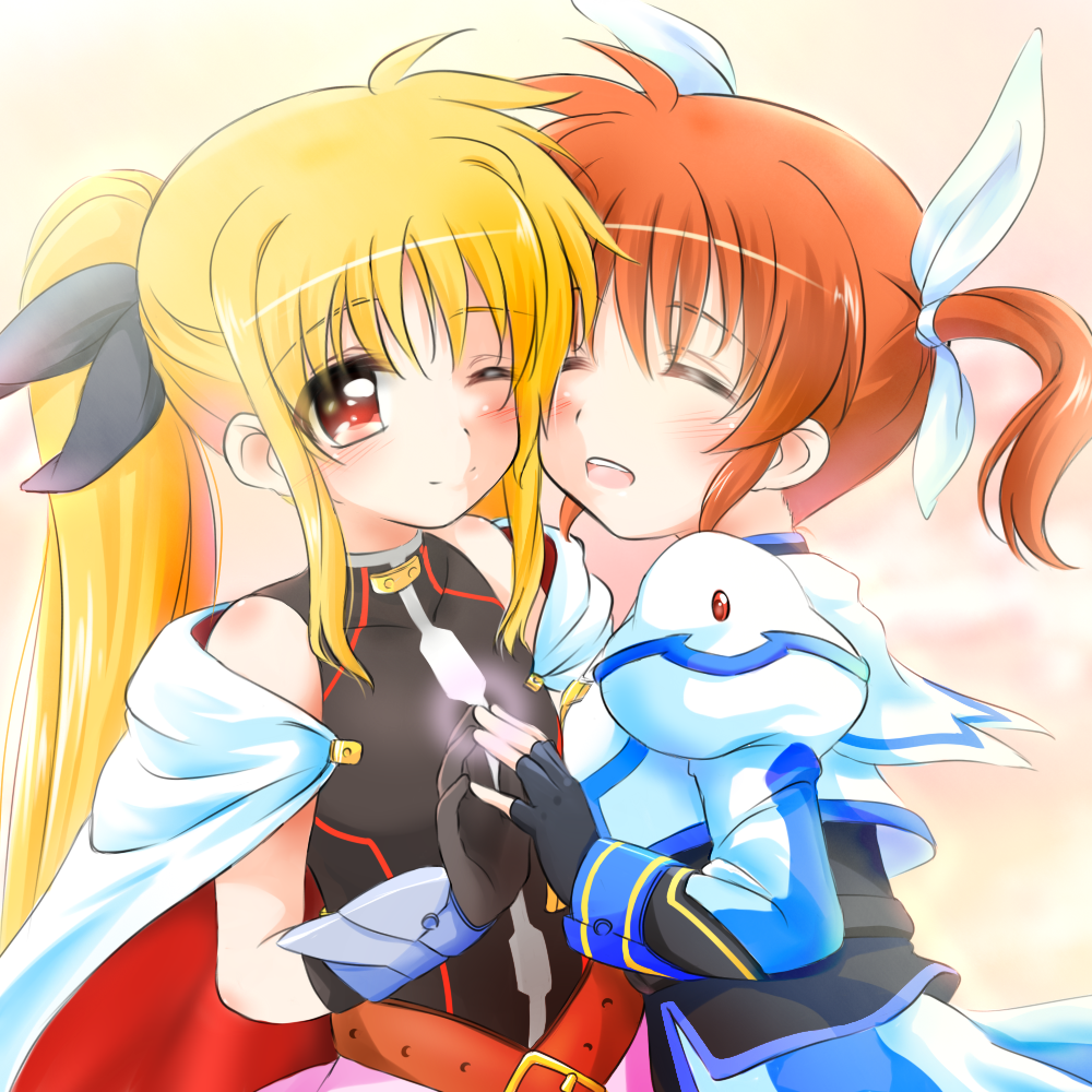 2girls blonde_hair blush closed_eyes couple fate_testarossa fate_testarossa_(blaze_form) happy kerorokjy long_hair looking_at_another lyrical_nanoha mahou_shoujo_lyrical_nanoha mahou_shoujo_lyrical_nanoha_a&#039;s multiple_girls orange_hair red_eyes short_twintails simple_background smile takamachi_nanoha takamachi_nanoha_(exelion_mode) twintails yuri