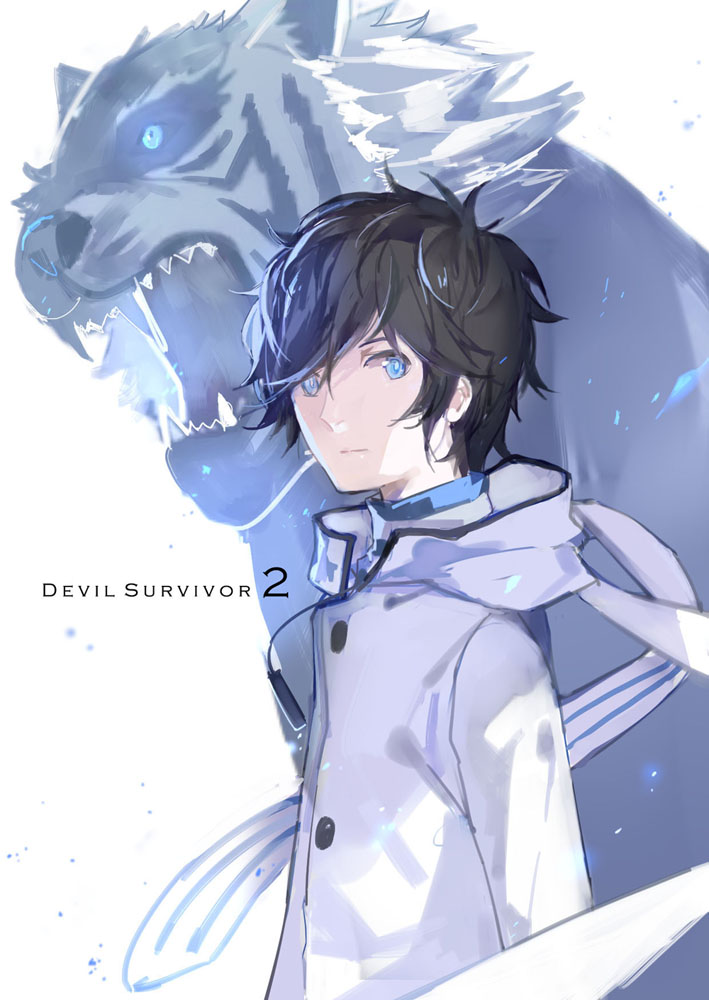 10s 1boy black_hair blue_eyes byakko byakko_(megami_tensei) cotta demon_(megami_tensei) devil_survivor_(series) devil_survivor_2 digital_media_player four_holy_beasts kuze_hibiki looking_at_viewer male_focus protagonist_(devil_survivor_2) scarf shin_megami_tensei short_hair tail white_hair