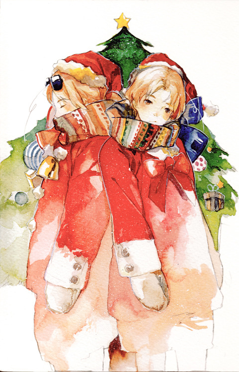 2boys america_(hetalia) axis_powers_hetalia bell blonde_hair bow bowtie brown_eyes buttons canada_(hetalia) christmas christmas_ornaments christmas_star christmas_tree closed_eyes collar collared_shirt commentary_request covered_mouth eyewear_on_head feet_out_of_frame fur-trimmed_headwear fur-trimmed_sleeves fur_collar fur_trim hat light_blush long_sleeves looking_at_viewer male_focus mittens multicolored_scarf multiple_boys neck_bell nineo painting_(medium) red_bow red_bowtie red_hat red_shirt red_shorts red_sleeves santa_hat scarf shirt short_hair shorts sunglasses traditional_media watercolor_(medium) white_background white_collar white_mittens