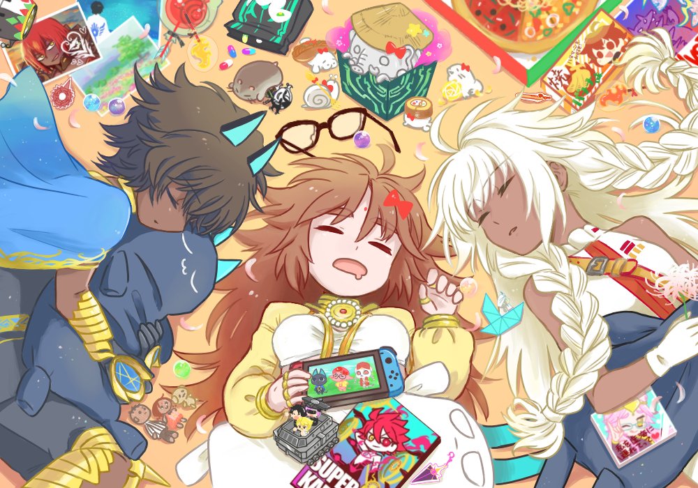 1boy 2girls ahoge ajay_(fate) animal_crossing arjuna_(fate) arjuna_alter_(fate) asha_(fate) ashiya_douman_(fate) ashwatthama_(fate) belt black-framed_eyewear black_gloves black_hair black_shirt black_shorts blue_cape blue_capelet blue_horns bow braid breasts brown_belt brown_hair cape capelet captain_nemo_(fate) captain_nemo_(first_ascension)_(fate) character_doll closed_eyes country_connection dark-skinned_female dark-skinned_male dark_skin doll drooling elephant facial_mark facing_another fate/grand_order fate_(series) flower food forehead_mark fujimaru_ritsuka_(male) ganesha_(fate) glasses gloves gold_ring goredolf_musik hair_between_eyes hair_bow hamster handheld_game_console hat holding holding_flower holding_handheld_game_console holding_stuffed_toy horns hugging_object indian jacket jewelry karna_(fate) koyanskaya_(fate) koyanskaya_(indian_lostbelt_outfit)_(fate) lakshmibai_(fate) long_hair long_sleeves lying mash_kyrielight mash_kyrielight_(ortenaus) medium_breasts mizu_manju1899 mouth_drool multiple_girls multiple_rings nemo_(fate) nintendo nintendo_switch on_back on_side open_mouth paper_boat parted_lips petals photo_(object) pill pink_flower pizza puffy_long_sleeves puffy_sleeves red_bow ring shirt short_hair shorts shoulder_belt sleeping sleeveless sleeveless_shirt small_breasts snail spider_lily strapless straw_hat stuffed_toy super_karna_(fate) tamamo_(fate) thumb_ring tube_top twin_braids unworn_eyewear very_long_hair vihan_(fate) white_gloves white_hair white_shirt white_tube_top yellow_jacket