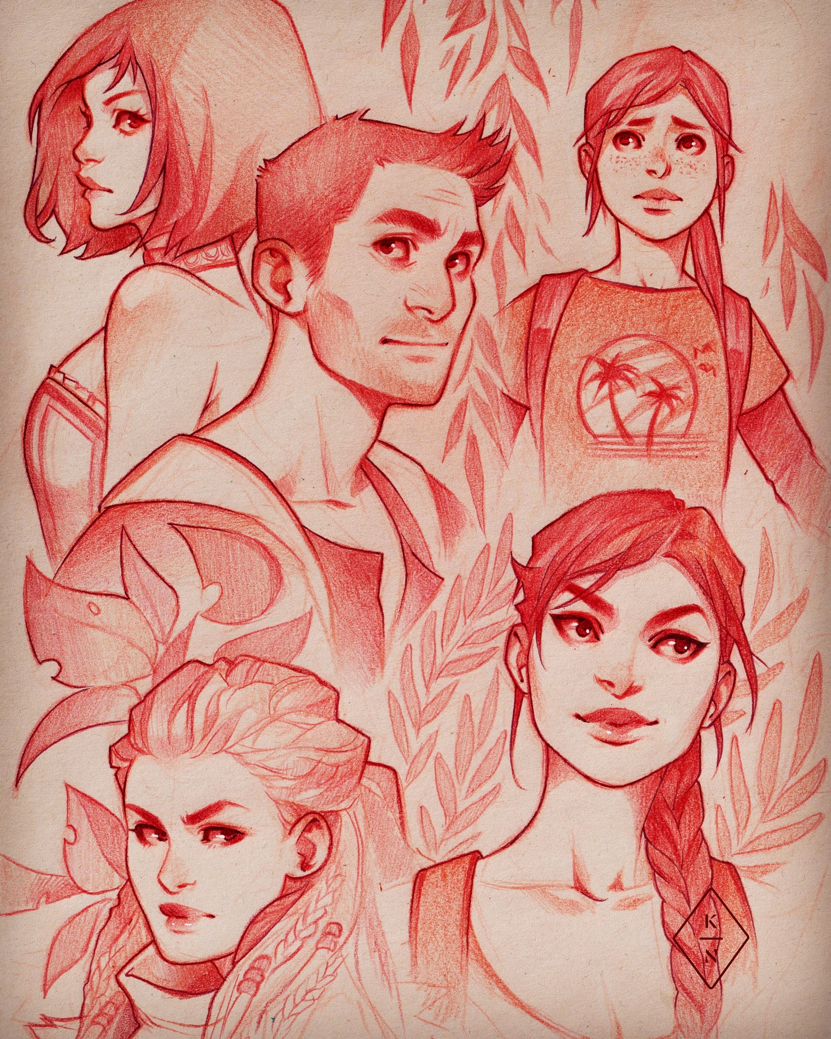 1boy 4girls aloy_(horizon) backpack bag beard_stubble bioshock bioshock_(series) bioshock_infinite braid breasts cleavage commentary elizabeth_(bioshock_infinite) ellie_(the_last_of_us) english_commentary facial_hair freckles greyscale hair_over_shoulder highres horizon_(video_game) horizon_zero_dawn kasia_nie lara_croft leaf medium_breasts medium_hair monochrome multiple_girls nathan_drake ponytail red_theme shirt single_braid sketch smile stubble t-shirt the_last_of_us the_last_of_us_(series) tomb_raider uncharted watermark