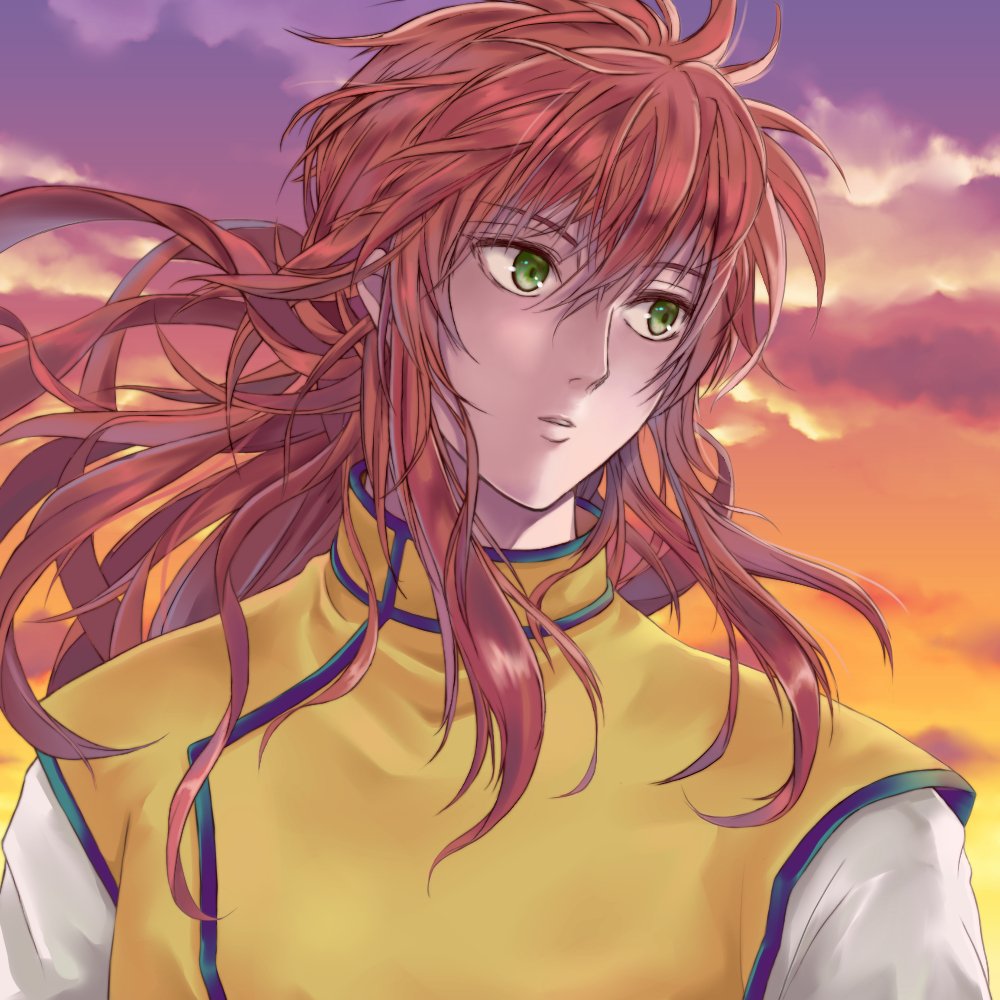 1boy commentary_request floating_hair green_eyes hair_between_eyes high_collar kurama_(yu_yu_hakusho) long_hair long_sleeves looking_to_the_side parted_lips red_hair sleeveless sunset upper_body yuri_kohi yuu_yuu_hakusho