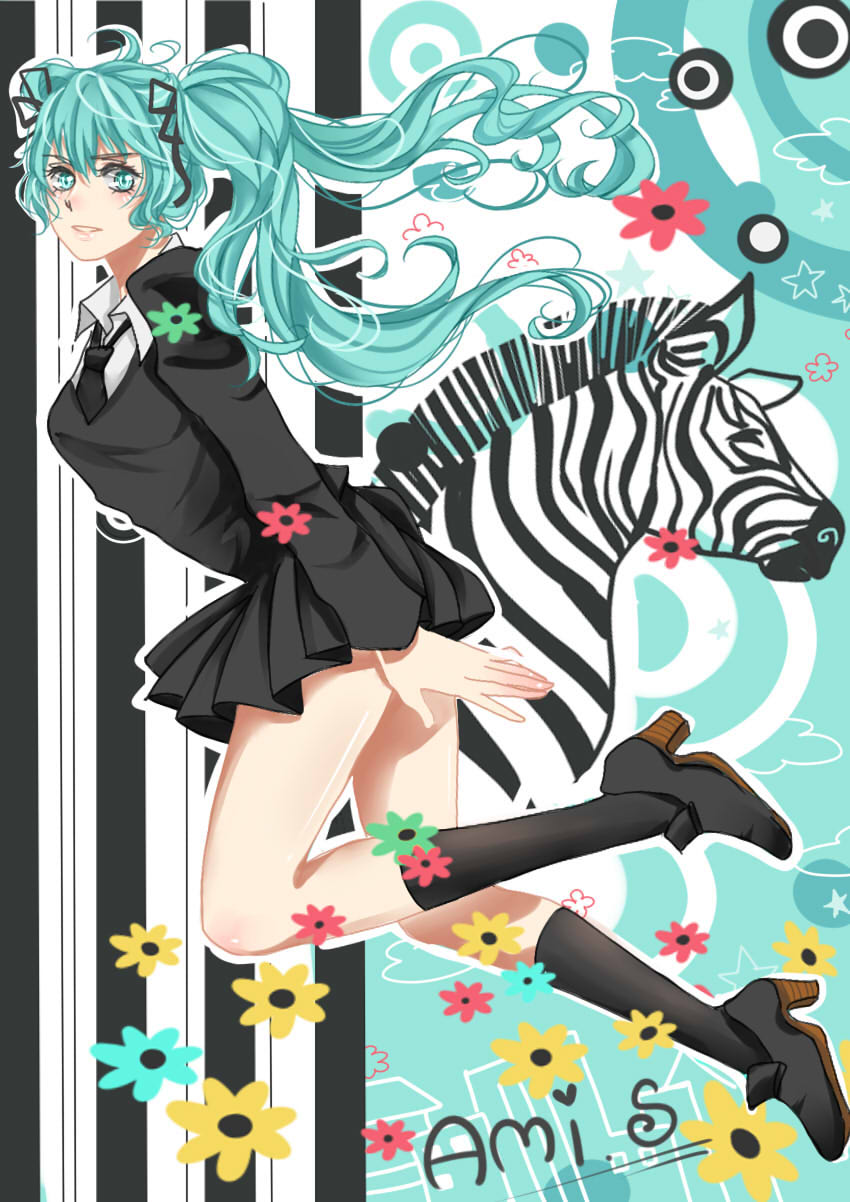 1girl ami_(sjq735299180) aqua_eyes aqua_hair artist_name black_skirt female_focus flower hair_ribbon hatsune_miku hatsune_miku_(saihate) highres long_hair long_legs miniskirt necktie pleated_skirt ribbon school_uniform skirt smile socks solo twintails vocaloid zebra