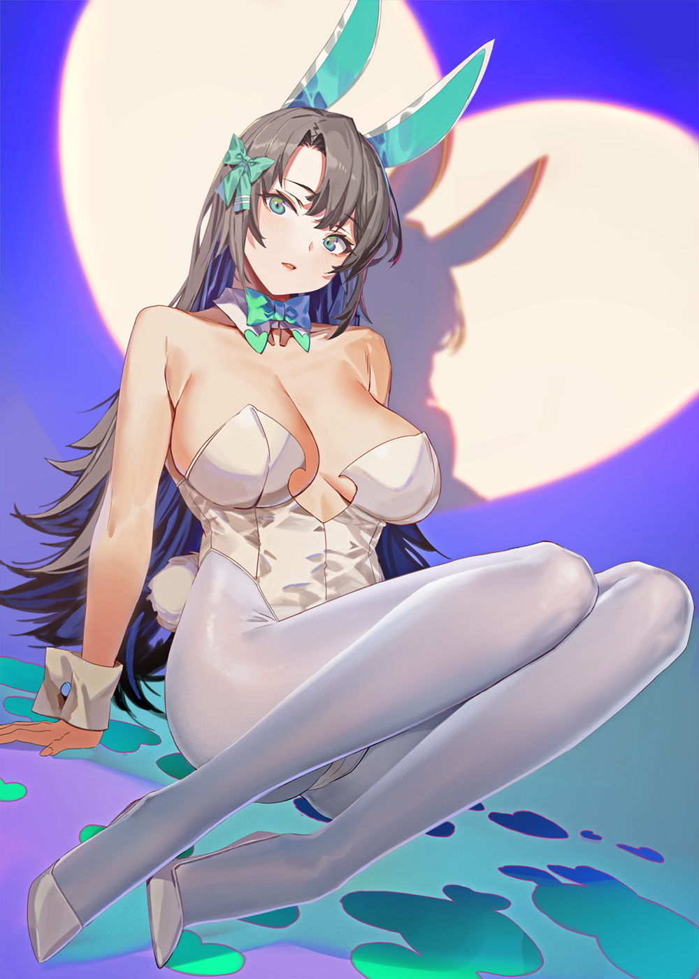 1girl animal_ears aqua_bow aqua_bowtie bare_shoulders bow bowtie breasts cleavage cropped_arms detached_collar fake_animal_ears fake_tail green_eyes grey_hair grey_pantyhose hair_bow heart high_heels highres large_breasts leotard long_hair looking_at_viewer miyazakisoul original pantyhose parted_bangs parted_lips playboy_bunny rabbit_ears rabbit_tail shadow sidelocks sitting solo tail white_footwear white_leotard wrist_cuffs