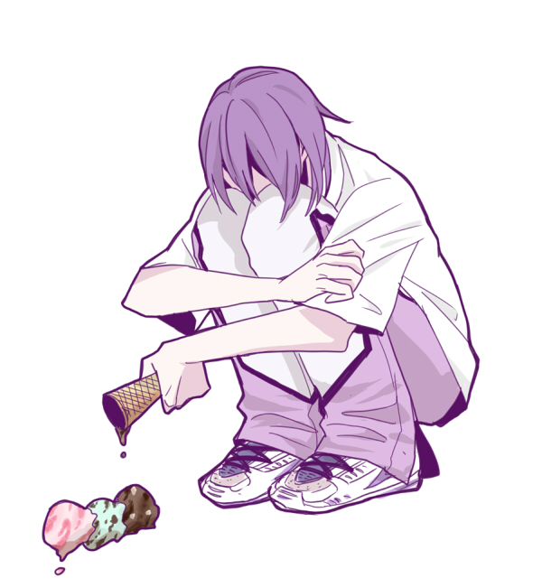 1boy commentary_request food holding holding_ice_cream_cone ice_cream ice_cream_cone ice_cream_cone_spill kuroko_no_basuke male_focus murasakibara_atsushi pants purple_hair shirt shoelaces shoes short_sleeves simple_background sneakers solo szk_(szkintama) white_background white_shirt