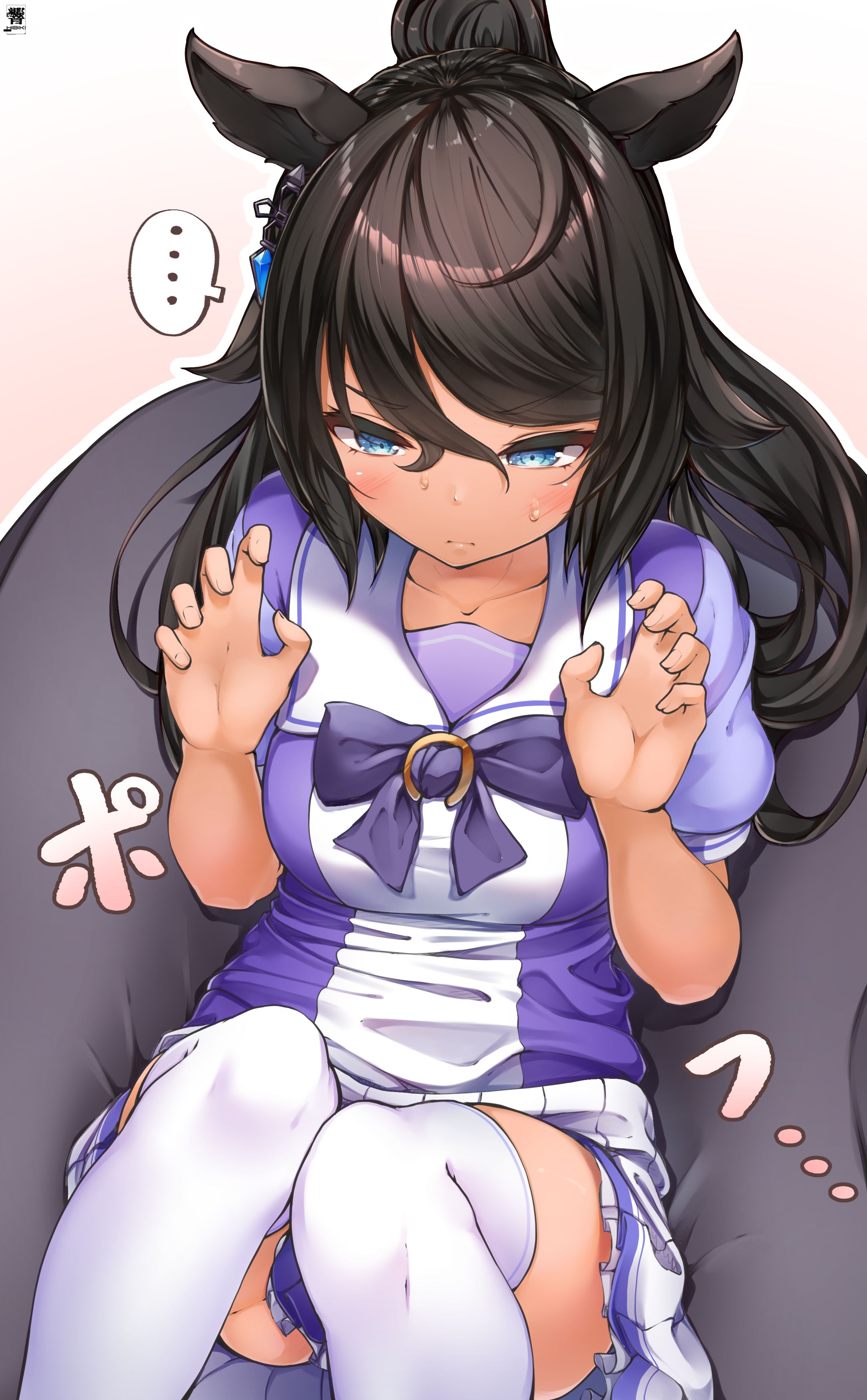 ... 1girl 1koma absurdres animal_ears bean_bag_chair black_hair blue_eyes bow bowtie collarbone comic commentary_request dark-skinned_female dark_skin earrings hibiki_(zerocodo) high_ponytail highres horse_ears horse_girl jewelry long_hair pleated_skirt ponytail puffy_short_sleeves puffy_sleeves purple_bow purple_bowtie purple_shirt sailor_collar sailor_shirt school_uniform shirt short_sleeves signature single_earring skirt solo speech_bubble spoken_ellipsis summer_uniform symboli_kris_s_(umamusume) thighhighs thighs tracen_school_uniform umamusume white_sailor_collar white_skirt yogibo zettai_ryouiki
