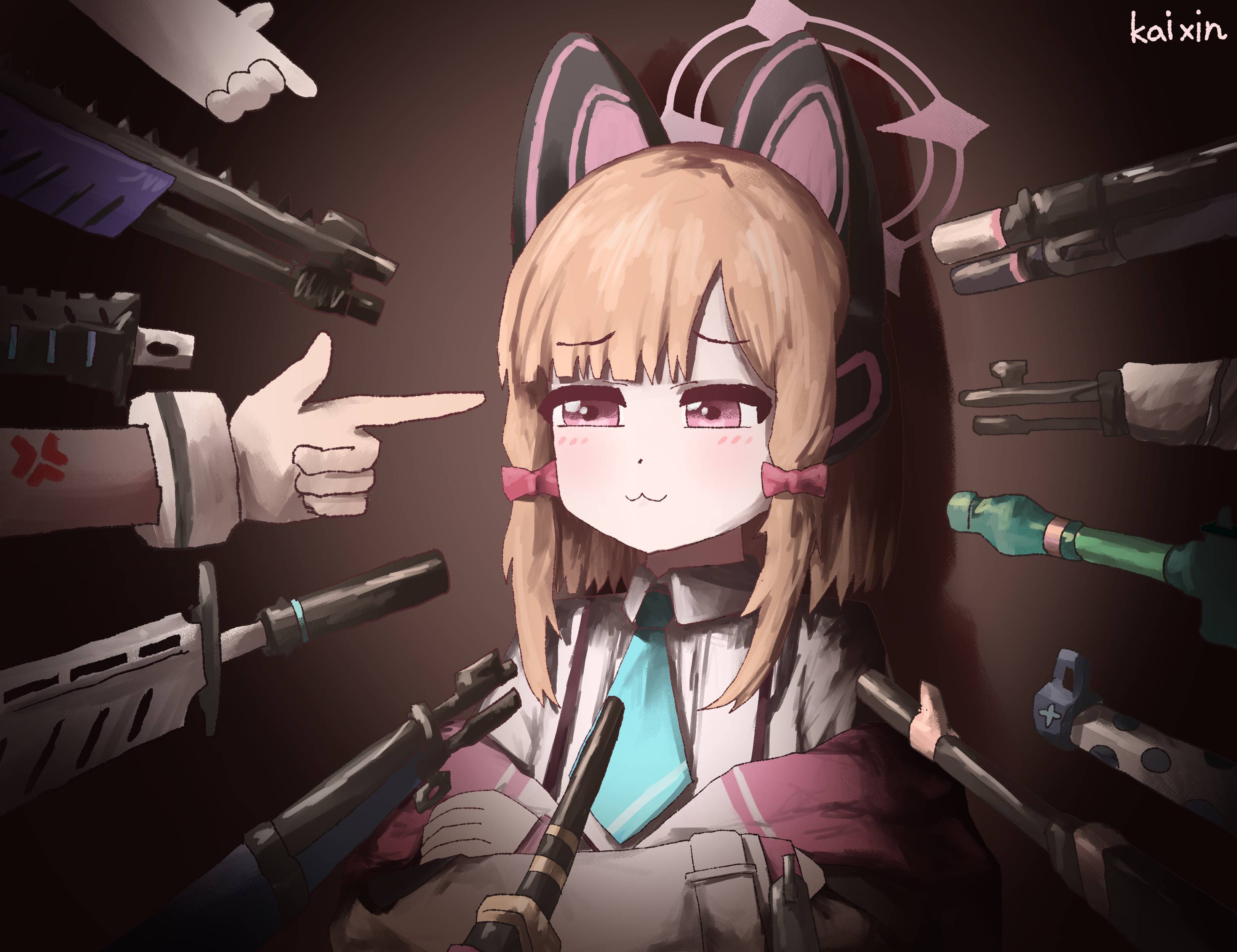 1girl :3 absurdres animal_ear_headphones animal_ears at_gunpoint blonde_hair blue_archive blue_necktie cat_ear_headphones cat_ears closed_mouth collared_shirt commentary crossed_arms english_commentary fake_animal_ears finger_gun gun halo headphones highres kai_xin momoi_(blue_archive) necktie pink_eyes pink_halo shirt short_hair short_necktie surrounded_by_guns weapon white_shirt