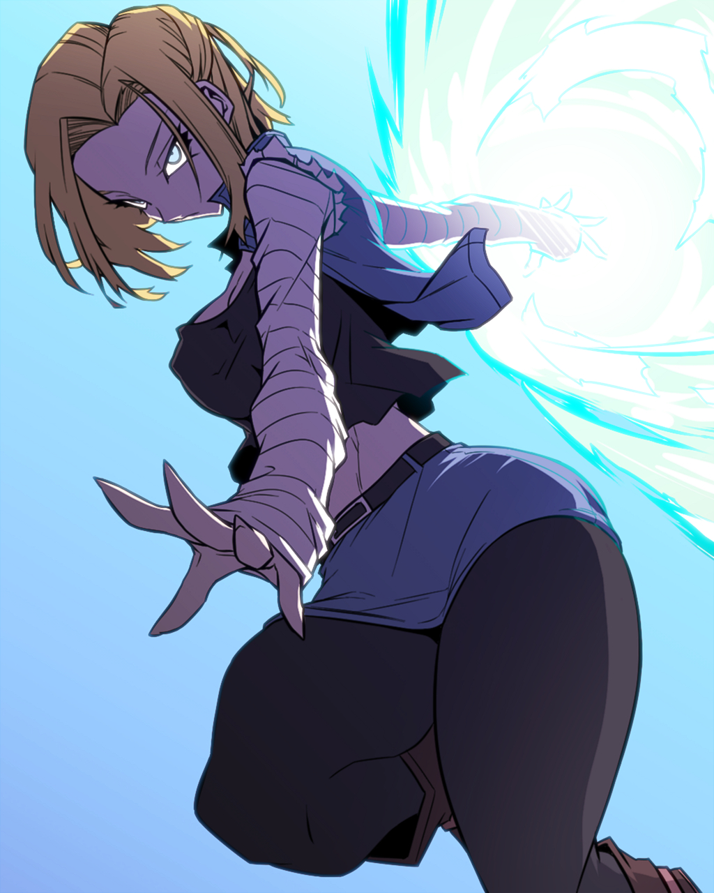 1girl android_18 blonde_hair blue_background blue_eyes boots breasts commentary denim denim_jacket denim_skirt dragon_ball dragonball_z energy_blast glowing glowing_eyes highres jacket jin_(mugenjin) long_sleeves midriff pantyhose shirt short_hair skirt sleeveless sleeveless_jacket solo striped_clothes striped_shirt
