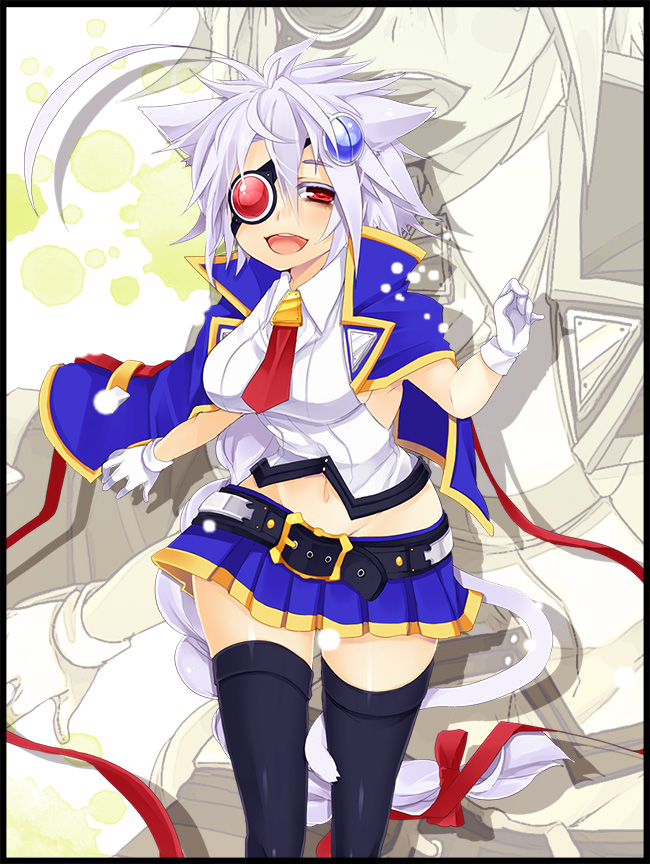 1girl ahoge animal_ears arc_system_works bad_id bad_pixiv_id belt black_thighhighs blazblue blazblue:_chronophantasma capelet cosplay dog_ears eyepatch female_focus gloves hair_ornament hairclip miniskirt navel necktie noel_vermillion noel_vermillion_(cosplay) nu-13 red_eyes skirt solo tail thighhighs uzukinoko white_gloves white_hair zoom_layer