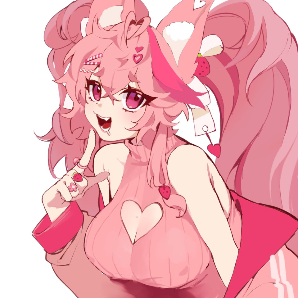 1girl animal_ears borrowed_character breasts cleavage cleavage_cutout clothing_cutout drooling fox_ears fox_girl heart indie_virtual_youtuber jacket kireina_(osiimi) large_breasts long_hair off-shoulder_jacket off_shoulder original pink_eyes pink_hair pink_jacket ribbed_sweater saliva second-party_source simple_background sleeveless sleeveless_sweater sweater twintails ultracat upper_body virtual_youtuber white_background
