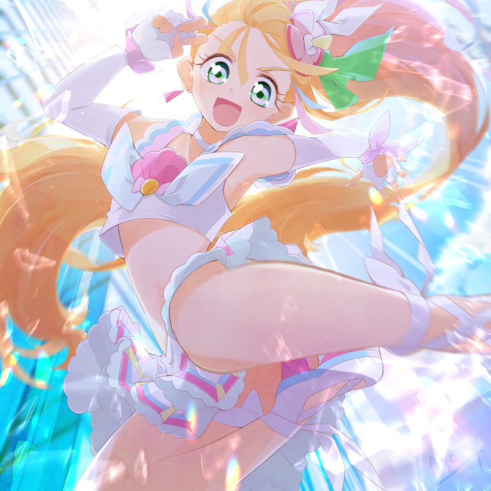 1girl :d ankle_bow ankle_ribbon ashita_wa_hitsuji bare_shoulders blonde_hair blouse blue_hair bow choker clothing_cutout cloud cloudy_sky commentary_request crop_top cure_summer earrings elbow_gloves eyelashes fingerless_gloves flat_chest flower frilled_skirt frills gloves green_eyes hair_flower hair_ornament hair_strand happy heart_cutout jewelry jumping leg_ribbon long_hair looking_at_viewer magical_girl midriff multicolored_hair natsuumi_manatsu open_mouth pink_hair precure ribbon shirt side_ponytail skirt sky sleeveless sleeveless_shirt smile solo streaked_hair triangle_earrings tropical-rouge!_precure very_long_hair white_choker white_footwear white_gloves white_shirt white_skirt wrist_bow