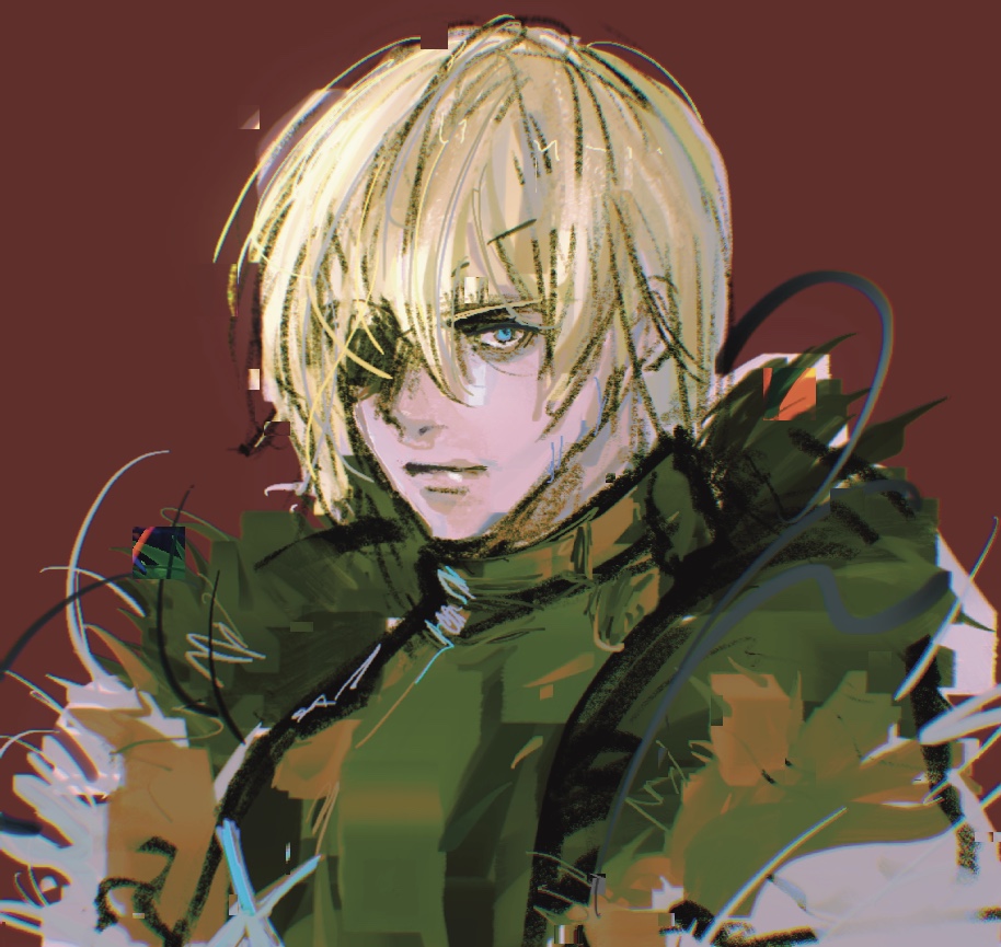 1boy armor black_armor black_fur blonde_hair blue_eyes breastplate dimitri_alexandre_blaiddyd dimitri_alexandre_blaiddyd_(timeskip) eyepatch fire_emblem fire_emblem:_three_houses hair_behind_ear hair_between_eyes lno408 looking_ahead male_focus nintendo one_eye_covered red_background sanpaku simple_background solo white_fur