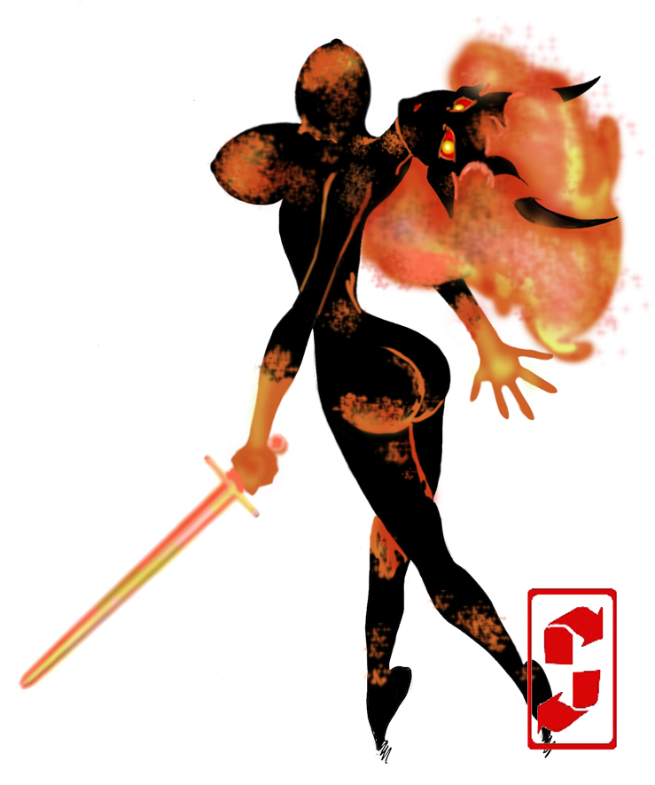 1girl black_skin breasts colored_skin female_focus fiery_hair fire floating_breasts horns large_breasts odin_sphere orange_hair pointy_ears red_eyes simple_background solo sword vanillaware vulcan_(odin_sphere) weapon