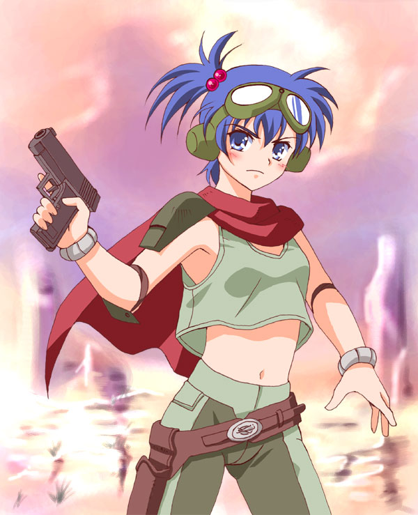 1girl armor blue_eyes blue_hair elbow_pads female_focus goggles gun handgun holster matching_hair/eyes midriff navel outdoors pistol rag_uralo sentou_mecha_xabungle short_hair shoulder_pads sky solo weapon