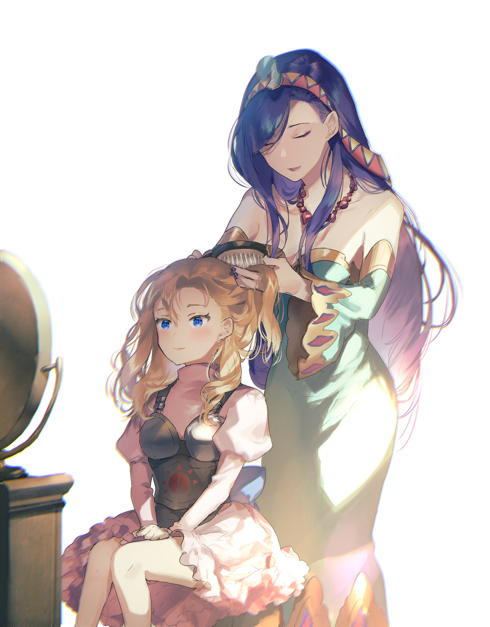 2girls armor blonde_hair blue_eyes blue_hair blush breastplate breasts brushing_hair child chrono_cross cleavage closed_eyes detached_sleeves dress frilled_dress frills green_dress hair_between_eyes hair_over_one_eye hairband hand_in_another&#039;s_hair hands_on_lap highres jewelry long_dress long_hair long_sleeves marcy_(chrono_cross) medium_breasts medium_hair mirror multiple_girls necklace open_mouth pink_dress puffy_sleeves riddel_(chrono_cross) sitting straight_hair strapless strapless_dress sunakumo talking upper_body wavy_hair white_background