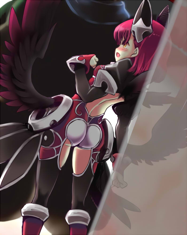 1boy 1girl ajitarou_(setsu) ass black_wings blush bodysuit breasts emil_chronicle_online from_behind hair_ornament hand_guard height_difference kabedon medium_breasts mitama_celes pink_hair scared thighs wings