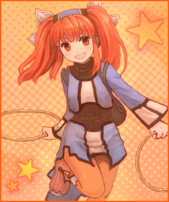 1girl :d black_undershirt blue_shirt border chakram cowboy_shot dewprism dotted_background dual_wielding holding holding_weapon leg_up long_sleeves looking_at_viewer mint_(dewprism) open_mouth orange_background orange_border orange_eyes orange_hair orange_pantyhose orange_theme pantyhose shirt sidelocks smile solo star_(symbol) twintails ujf2030 weapon