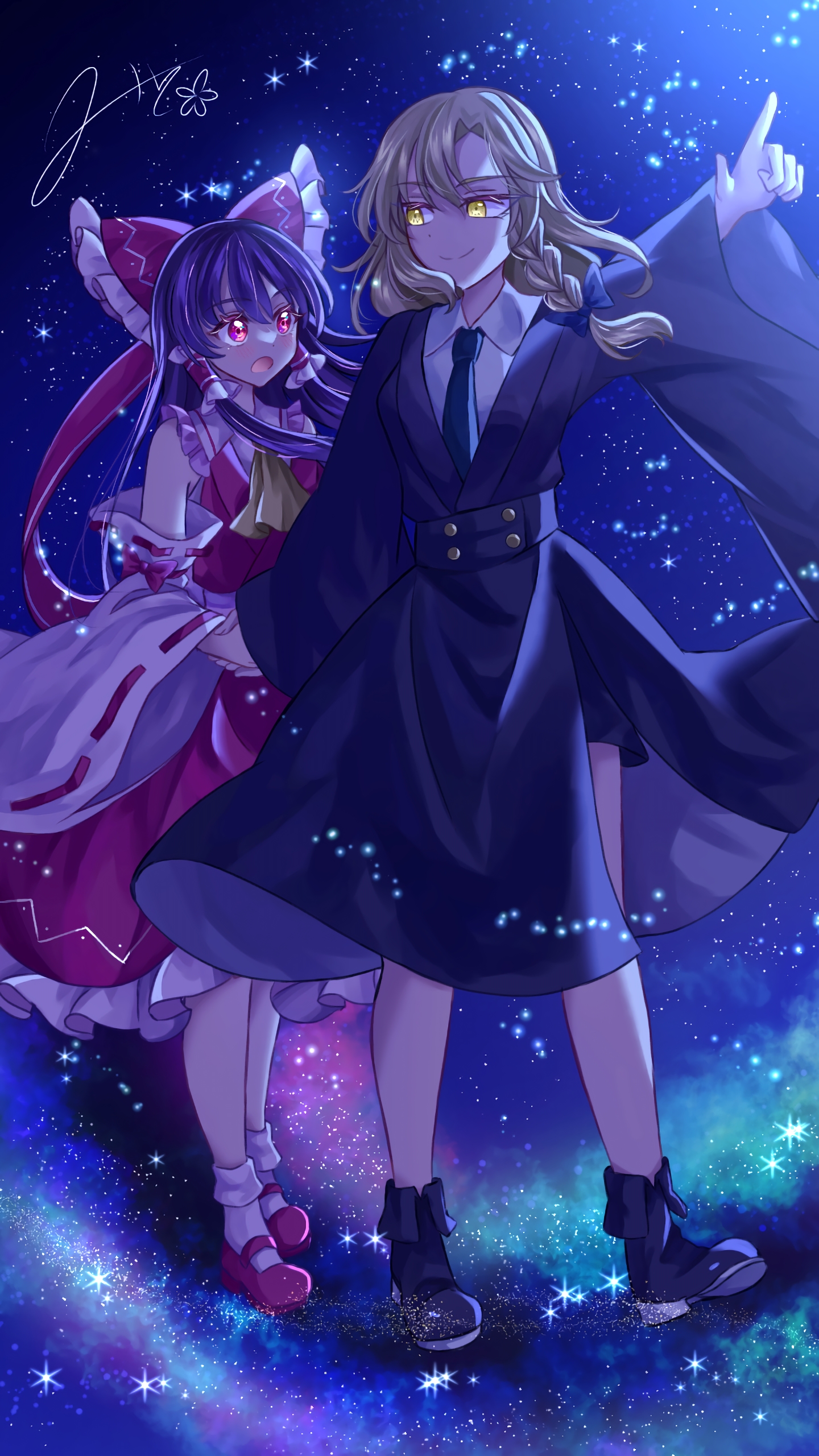 2girls absurdres alternate_costume ascot blonde_hair blue_bow blush bobby_socks bow braid closed_mouth collared_shirt commentary_request detached_sleeves frilled_bow frilled_hair_tubes frills galaxy hair_bow hair_tubes hakurei_reimu highres holding_hands jacket kirisame_marisa long_hair long_sleeves mary_janes mito_(fate) multiple_girls necktie night night_sky no_headwear open_mouth pointing red_bow red_eyes red_footwear red_skirt ribbon-trimmed_sleeves ribbon_trim shirt shoes side_braid signature single_braid skirt skirt_set sky smile socks star_(sky) tanabata touhou white_shirt white_socks wide_sleeves yellow_ascot yellow_eyes