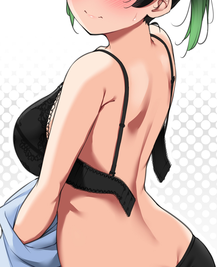 1girl black_bra black_panties blush bra breasts close-up closed_mouth lips looking_back love_live! love_live!_nijigasaki_high_school_idol_club medium_breasts multicolored_hair nijigasaki_school_uniform open_bra panties school_uniform sweat takasaki_yu twintails underwear yopparai_oni
