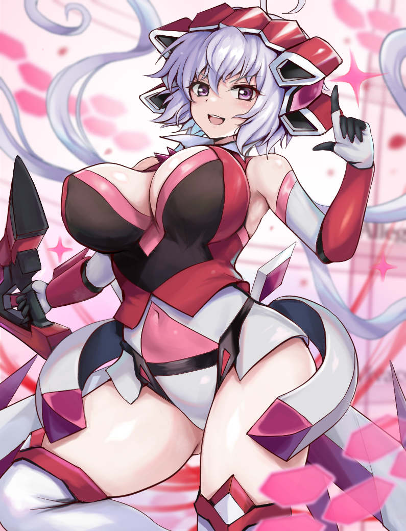1girl ass breasts cleavage covered_navel elbow_gloves eyebrows_hidden_by_hair gloves gluteal_fold hair_between_eyes holding holding_weapon l_hand large_breasts leotard long_hair looking_at_viewer open_mouth purple_eyes r-binon senki_zesshou_symphogear smile solo teeth underboob upper_teeth_only very_long_hair weapon white_hair yukine_chris