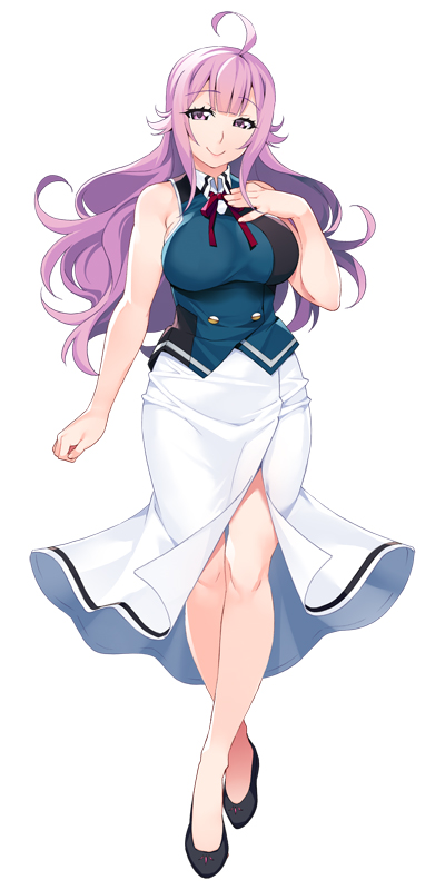 1girl ahoge full_body grisaia_(series) grisaia_phantom_trigger hand_on_own_chest ikoma_yuuki long_hair looking_at_viewer official_art pink_eyes pink_hair simple_background skirt sleeveless smile solo watanabe_akio wavy_hair white_background white_skirt
