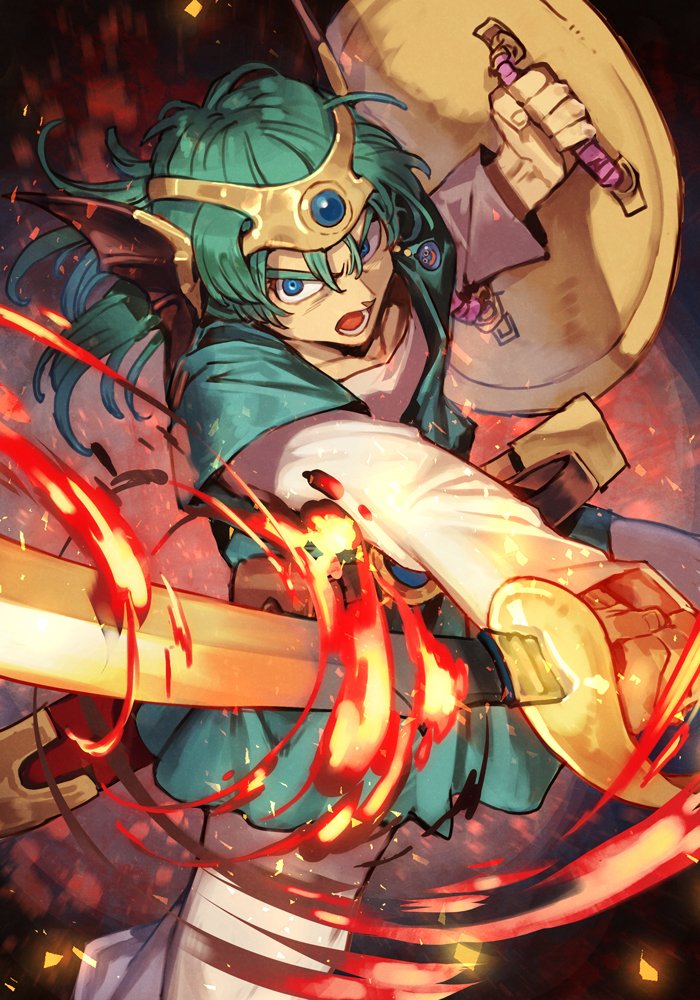 1boy aqua_tunic attack blue_eyes circlet dragon_quest dragon_quest_iv fire green_hair hero_(dq4) holding holding_shield holding_sword holding_weapon hungry_clicker long_hair looking_at_viewer open_mouth shield solo sword tunic weapon