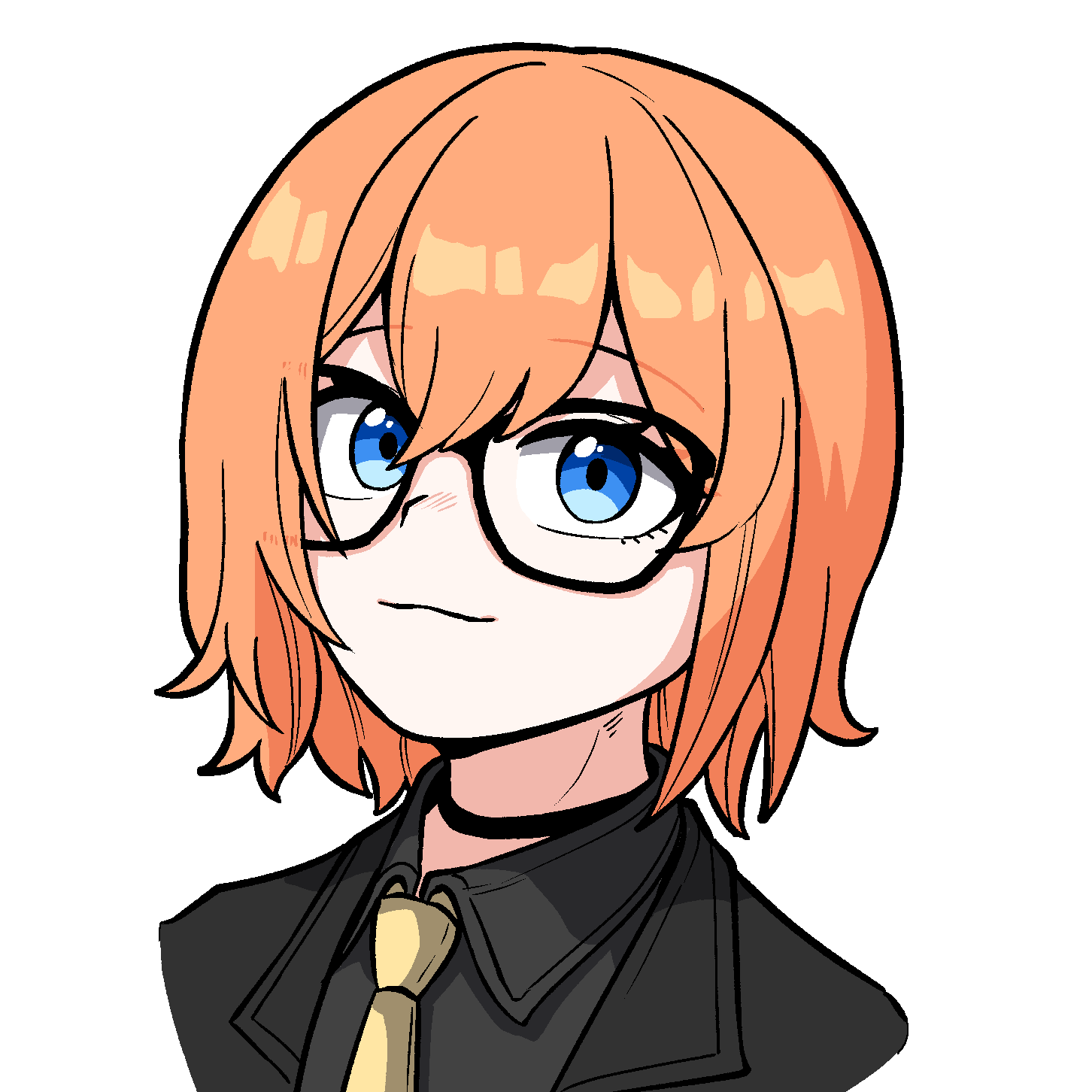 1girl :3 black_choker black_jacket black_shirt blue_eyes choker glasses hair_between_eyes highres jacket medium_hair necktie orange_hair ryoung_10 secretto_(waktaverse) shirt simple_background waktaverse white_background yellow_necktie