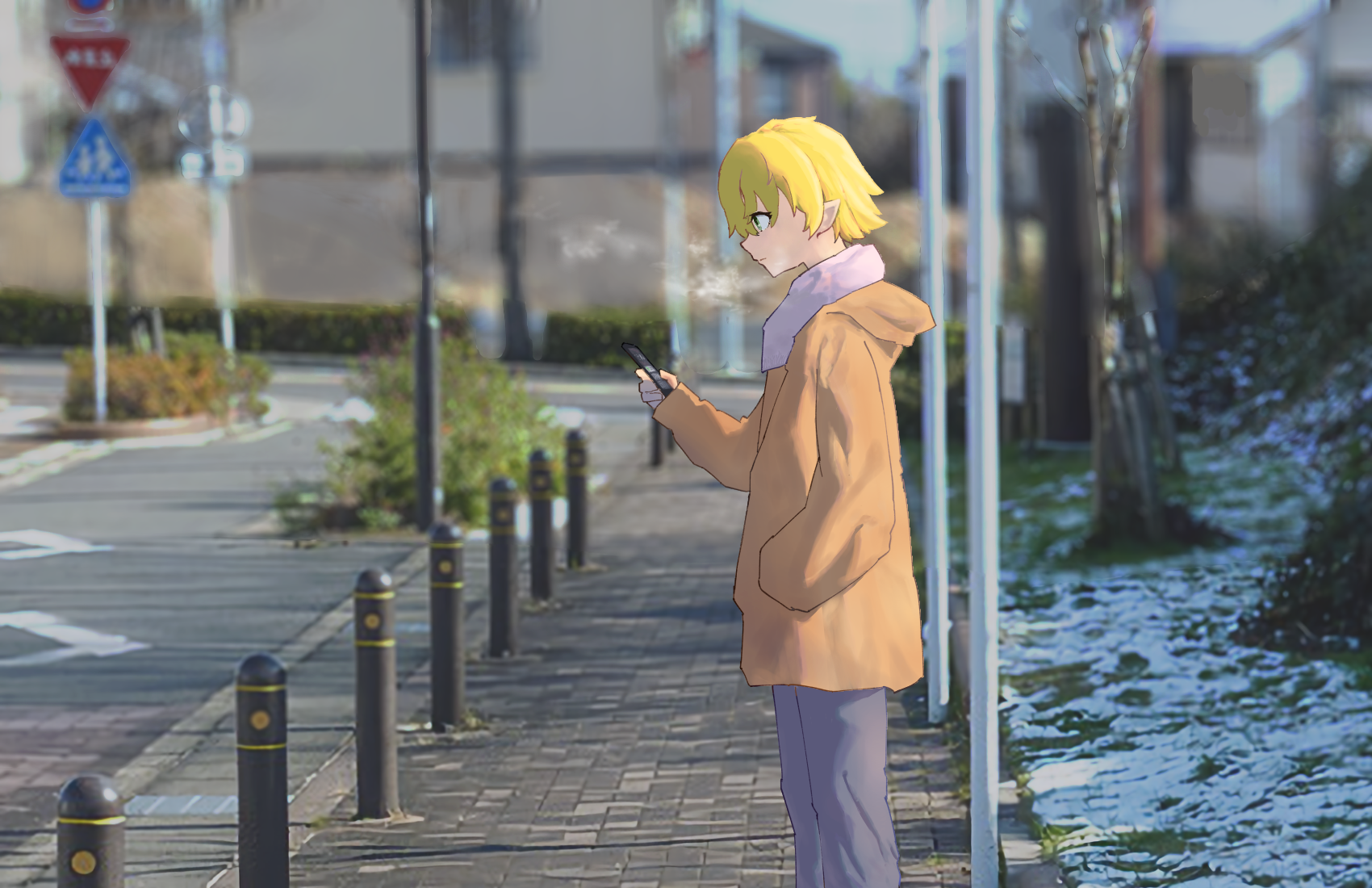 1girl alternate_costume blonde_hair breath brown_coat closed_mouth coat commentary_request cookie_(touhou) expressionless feet_out_of_frame green_eyes grey_pants highres holding holding_phone joker_(cookie) mizuhashi_parsee outdoors pants pedestrians_only_sign phone photo_background pointy_ears profile road_sign scarf short_hair sign snow solo standing stop_sign touhou white_scarf whiterolo winter