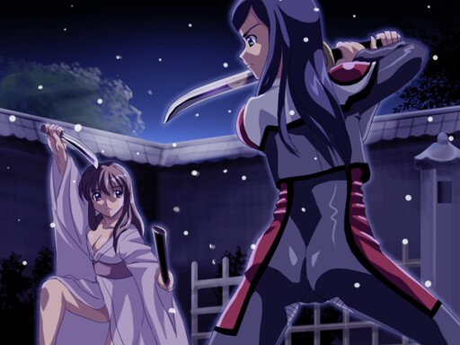 00s 2girls ass biker_clothes bikesuit blue_hair bodysuit breasts brown_hair cleavage dark fighting_stance from_behind fujino_shizuru holding jacket japanese_clothes katana kimono kuga_natsuki multiple_girls my-hime night profile sanshita sheath snowing sword unsheathed weapon yukata
