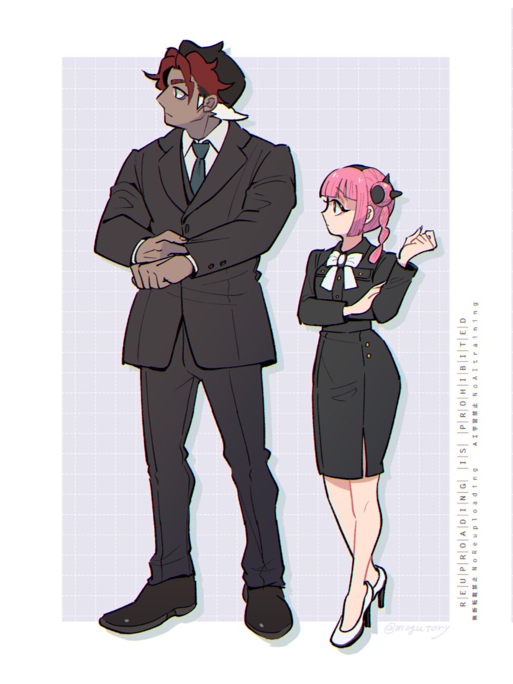 1boy 1girl black_hair black_jacket black_pants black_shoes black_skirt black_suit bow bowtie business_suit collared_shirt coral_(pokemon) dark-skinned_male dark_skin formal_clothes full_body high_heels highres jacket long_sleeves looking_to_the_side mogutory multicolored_hair necktie nintendo pants pink_hair pokemon pokemon_(anime) pokemon_horizons red_hair shirt shoes short_hair sidian_(pokemon) skirt skirt_suit suit white_bow white_bowtie white_hair white_shirt white_shoes