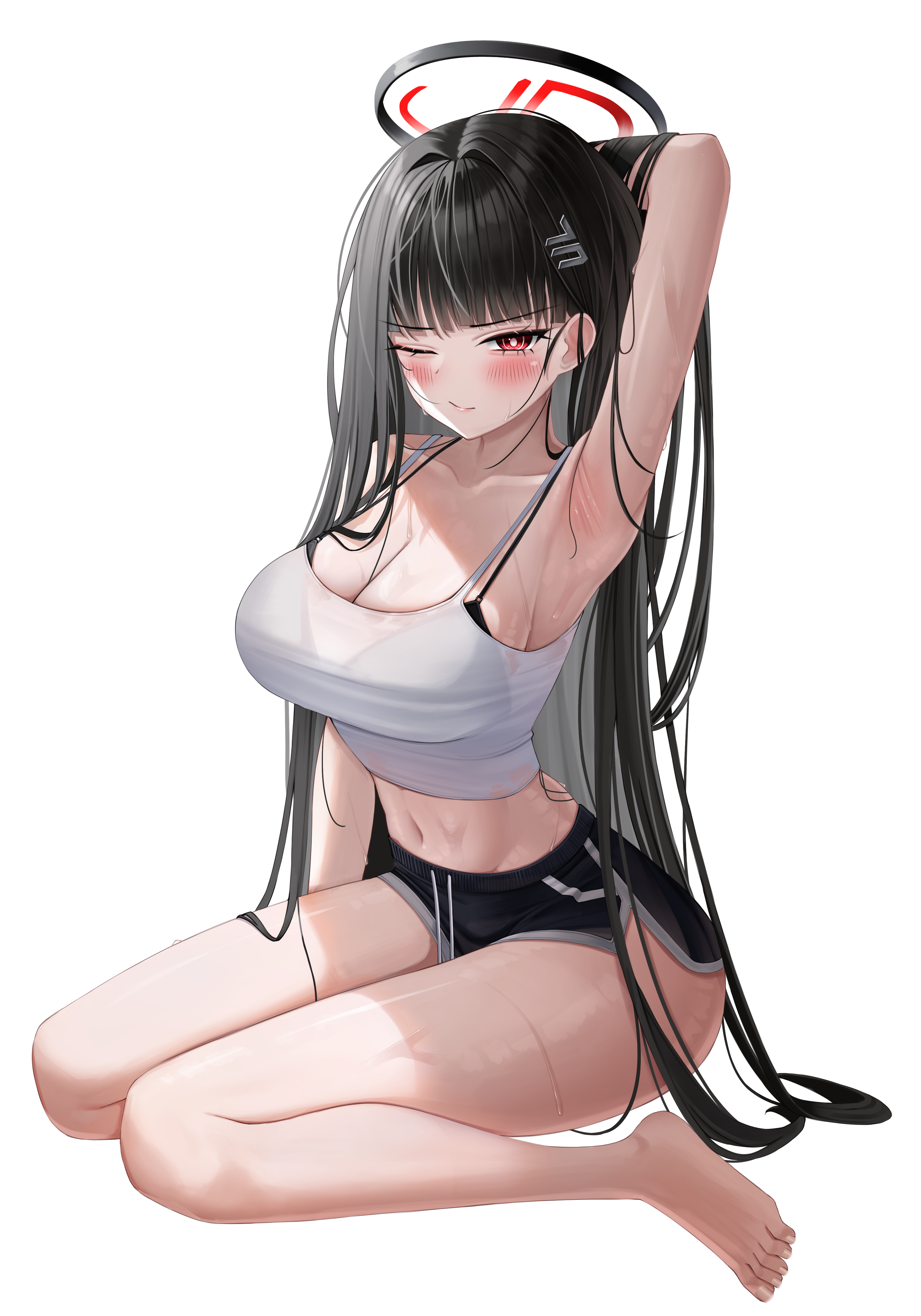 1girl absurdres alternate_costume arm_behind_head arm_up armpits barefoot black_bra black_hair black_halo black_shorts blue_archive blunt_bangs blush bra bra_peek bra_strap breasts camisole cleavage closed_mouth commentary dolphin_shorts feet full_body hair_intakes hair_ornament hairclip halo highres hsxxx large_breasts long_hair looking_at_viewer midriff navel one_eye_closed presenting_armpit red_eyes rio_(blue_archive) shorts sitting solo straight_hair sweat thighs toes transparent_background underwear very_long_hair wariza white_camisole