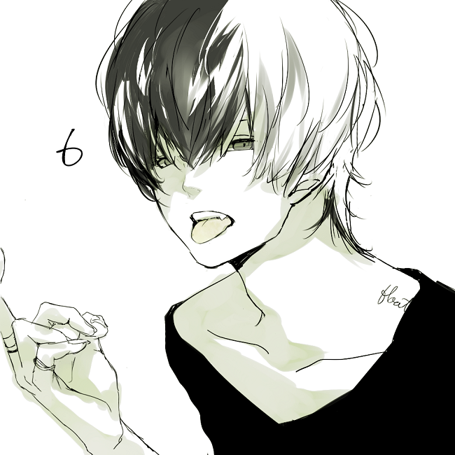 1boy black_hair black_shirt collarbone fang fingernails grey_eyes hair_between_eyes kana_(kwbr) long_sleeves looking_at_viewer male_focus middle_finger multicolored_hair numbered open_mouth original shirt signature simple_background solo teeth tongue two-tone_hair upper_body upper_teeth_only v-neck white_background white_hair