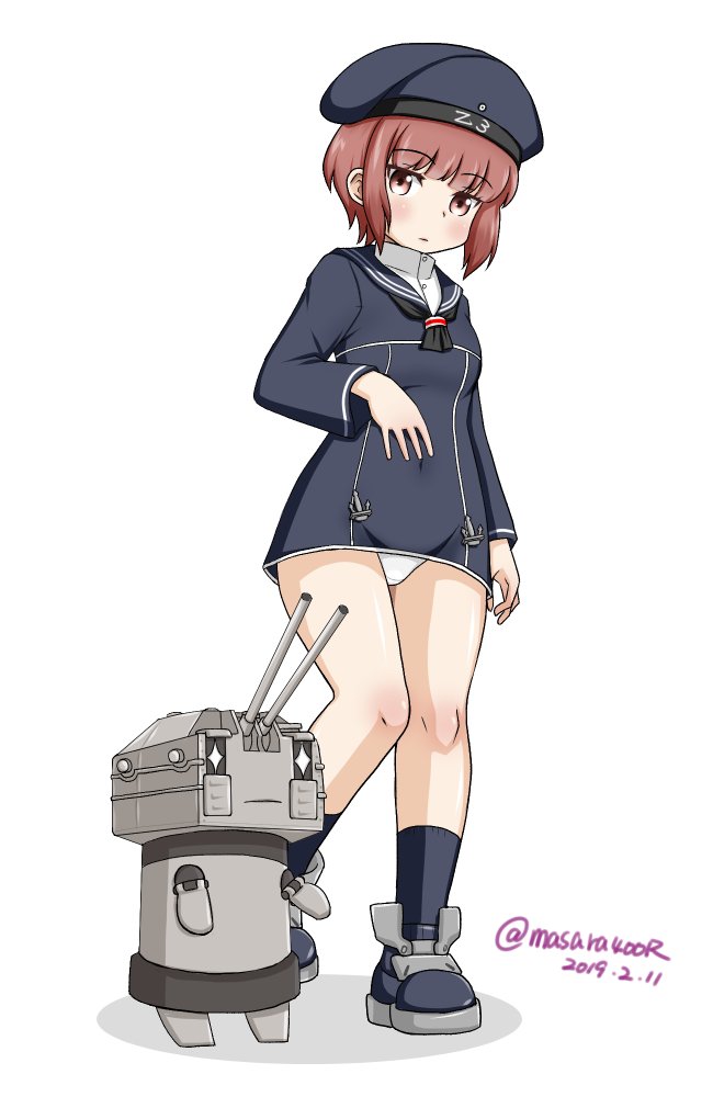 1girl black_neckerchief blue_dress blue_hat blue_sailor_collar brown_eyes brown_hair chou-10cm-hou-chan chou-10cm-hou-chan_(suzutsuki&#039;s) chou-10cm-hou-chan_(teruzuki&#039;s) clothes_writing dated dress female_focus hat kantai_collection kneehighs masara_(chuujou) neckerchief panties pantyshot sailor_collar sailor_dress sailor_hat short_hair simple_background socks solo twitter_username underwear white_background white_panties z3_max_schultz_(kancolle)