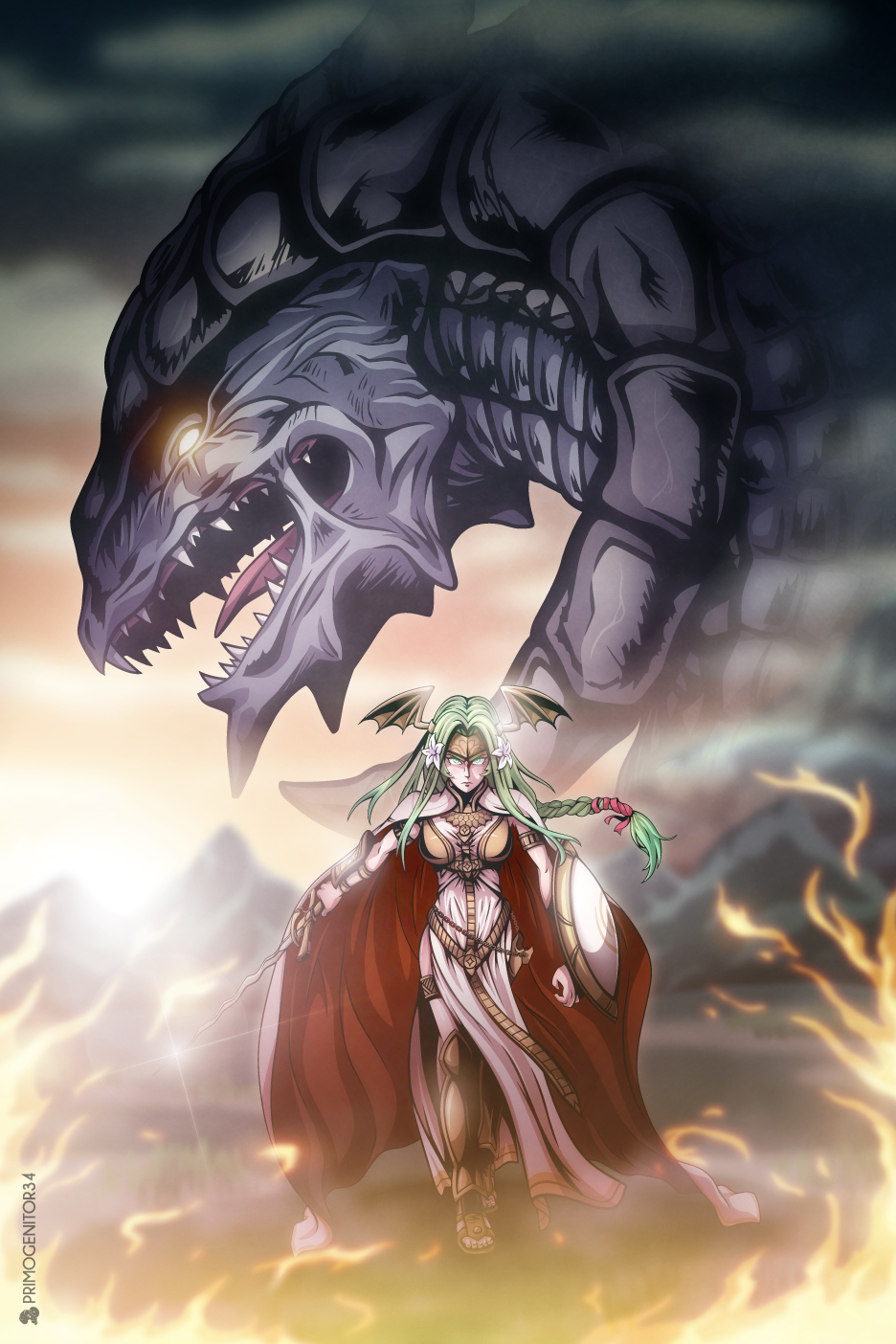 1girl arm_guards cape dragon dragon_horns fire fire_emblem fire_emblem:_three_houses flower green_eyes green_hair hair_flower hair_ornament helmet highres holding holding_sword holding_weapon horns mountain nintendo primogenitor34 seiros_(fire_emblem) seiros_shield sharp_teeth sunlight sword sword_of_seiros teeth weapon white_cape winged_headwear winged_helmet wristwear