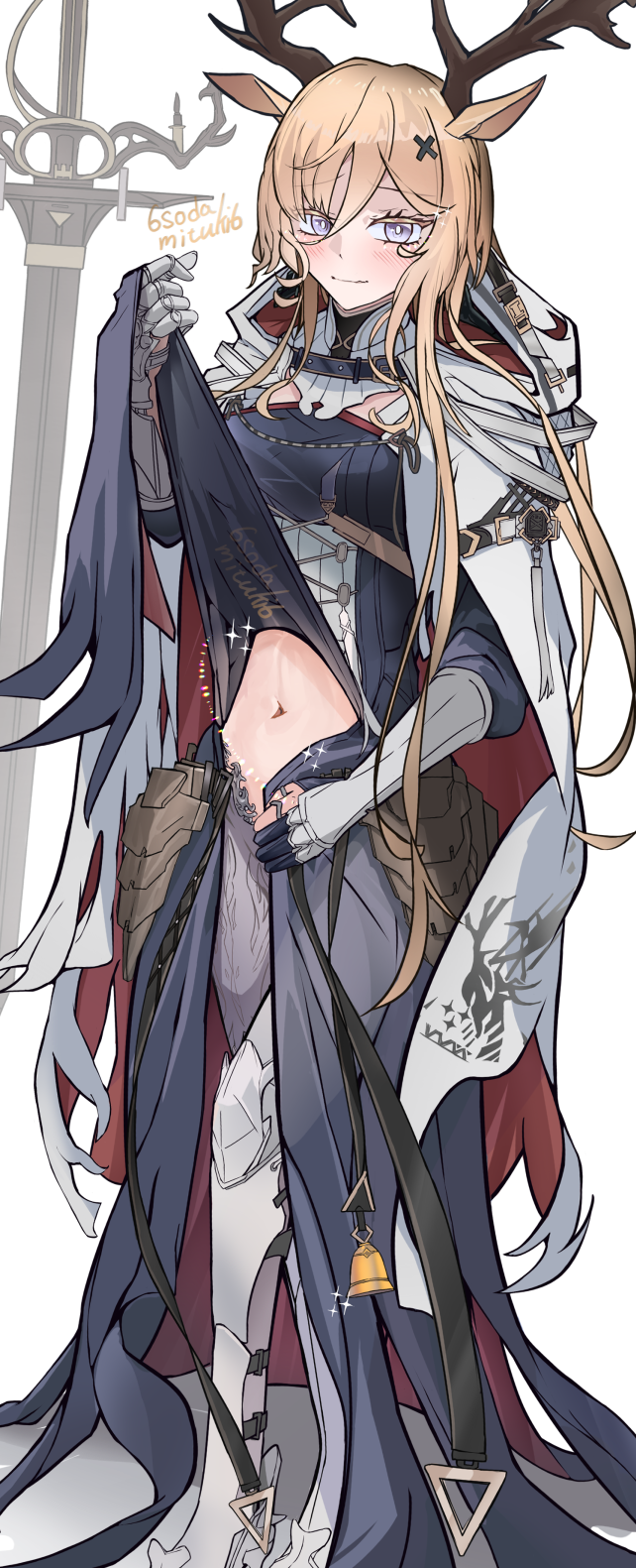 1girl animal_ears antlers arknights artist_name blonde_hair blue_eyes cape closed_mouth clothes_lift deer_antlers deer_ears deer_girl dress dress_lift hair_between_eyes highres hood hood_down hooded_cape horns long_hair looking_at_viewer midriff mitsuoni_souda navel simple_background solo standing very_long_hair viviana_(arknights) white_background white_dress