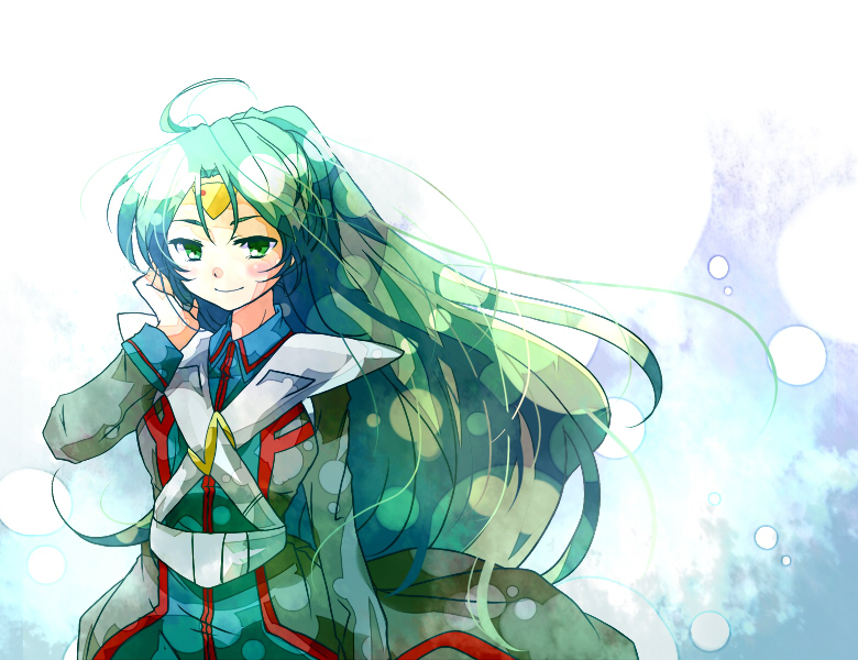 1girl athena_henderson badge chiram choujikuu_seiki_orguss emblem green_eyes green_hair happy long_hair looking_at_viewer military military_uniform orguss patch science_fiction shirakawa_(whitemist) smile sticker