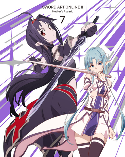 2girls adachi_shingo armor asuna_(sao) belt blu-ray_cover blue_hair chest_armor cover dress english_text fairy_(sao) fingerless_gloves gloves headband holding holding_sword holding_weapon leotard long_hair multiple_girls official_art pointy_ears purple_gloves purple_hair purple_leotard red_headband second-party_source sword sword_art_online weapon yuuki_(sao)